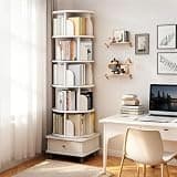 BIGTO Bookcase 18.1"*18.1"*68.1", White MDF 6 Tier Rotating 360° Display Round Spinning Bookshelf with Wheels and Drawer Home Furniture