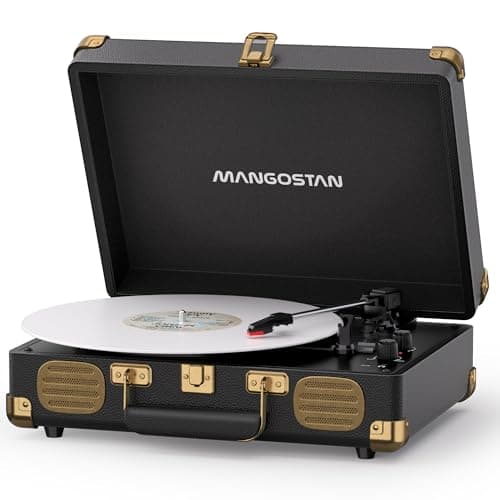 MANGOSTAN Black Vintage Record Player, 3-Speed Bluetooth Suitcase Turntable with Built-in Stereo Speakers, Belt-Driven Vinyl LP Player, AUX-in, RCA Line Out & Headphone Jack