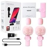 Icelily Pink Wireless Microphone for iPhone iPad and for Android Phone, 2 Pack Wireless Lavalier Lapel Mic with Noise Reduction, Plug and Play Mini Microphone for Video Recording Interview Podcast