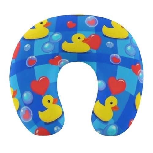 100% BLUE COLLAR Lightweight Portable Headrest U Shaped Neck Pillow Soft Washable Cover Flight Pillow for Sleeping (Cute Funny Bubbles Hearts Yellow Rubber Ducks (2))