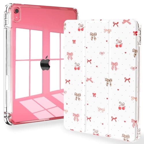 Feams Case for iPad (A16) 11th Generation 11 Inch 2025, iPad 10th Generation 10.9 Inch 2022, Slim Tri-Fold Stand Clear Back Cover with Pencil Holder & Auto Sleep, Cherry Bow