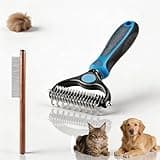2-In-1Pet Hair Brush - Double-Sided Deshedding Dematting Tool, Undercoat Rake for Dogs & Cats, Extra-Wide Dog Grooming Brush & Deshedder Comb for Long Hair (Blue)