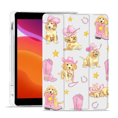 MAYCARI Western Cowboy Pug Case for iPad 10.2 inch,Cute Tablet Cover for iPad 9th/8th/7th Generation 2021/2020/2019 with Pencil Holder+Auto Sleep/Wake+Trifold Stand,White Leather Soft TPU Back Shell