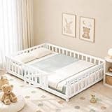 Safeplus Full Size Montessori Floor Bed, Solid Wood Bed Frame for Kids, No Box Spring Needed, White