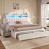 ADORNEVE California King Bed Frame with 10 Drawers, RGB Storage Headboard with Power Outlet, Cal King Storage Platform Bed for Small Spaces, No Box Spring Needed, Velvet White