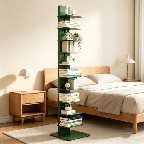 11-Tier Tall Bookcase, Metal Spine Tower Organizer, Space-Saving Book Shelf for Office, Living Room & Bedroom, Green Floor Standing Storage Rack