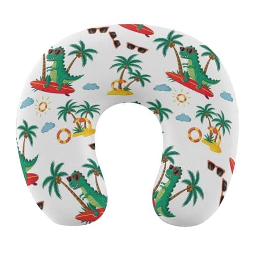 100% BLUE COLLAR Lightweight Portable Memory Foam Neck Pillow Funny Surfing Dinosaur (2) Headrest Washable Cover Travel Airplane Pillow