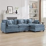 111'' Sectional Cloud Deep Seat Couch, Modern Comfy Chenille L Shaped Sectional Sofa for Living Room Set, Upholstered Modular 4-Seats Sofa Couch with 1 Movable Ottoman, Blue