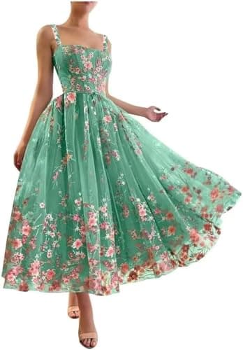Ftupza Dusty Sage Tea Length Prom Dresses for Women 2024 Lace Embroidery Formal Dresses with Pockets Spaghetti Strap Tulle Evening Gown Size 0