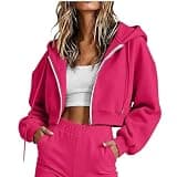 Womens Zip Up Cropped Hoodies Jackets Short Sweatshirt Fleece Hot Pink