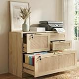 HOPUBUY4 Drawer File Cabinet with Lock, Printer Stand Lateral Filing Cabinets for Home Office and School, Wood Rattan File Cabinet for Hanging Files/Letter/Legal/A4/F4 Size, Natural Wood