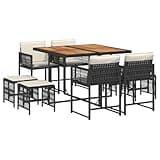 WRJENFSC 9-Piece Garden Dining Set, Black PE Rattan Outdoor Table and Chairs, Collapsible Space-Saving Design for Patio, Backyard and Deck, Seats 8 People with Comfortable Cushions