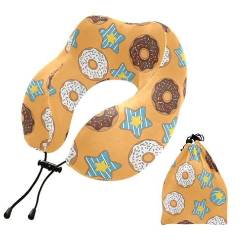 Emelivor Donuts Stars Orange Pattern Travel Pillow Memory Foam Neck Pillow with Storage Bag Comfortable Neck Support Pillows for Airplane Sleeping Car Plane Office Home Travel Accessories