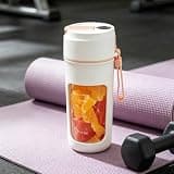 Rechargeable and Waterproof Bottle for Beating Fruits of 340ml, Portable Charging Small Juicing Cup, Upgraded 2 Lids (Juicing & Drinking), 12 Blades (Orange with Digital display)