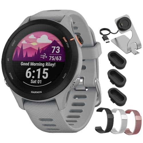 Garmin Forerunner 255S GPS Smartwatch Powder Grey 010-02641-02 Bundle with Deco Essentials 18mm Metal Bands 3 Pack, Charging Dock and Silicone Dust Cover 3 Pack