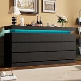 Garvee 12 Drawer Dresser for Bedroom - 63” Wide Chest of Drawers with LED Light and Charging Station, Large TV Stand Multi-Function Home Organizer for Living Room, Entryway, Hallway, Black