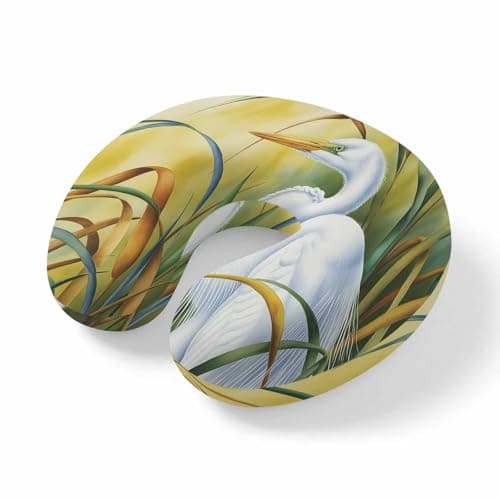 ZRNLTDGHK Neck Pillow Wild Egret Bird Wetland Landscape Travel Pillow Memory Foam U Shaped Pillows, Natural Animal Grass Travel Neck Pillows for Airplane Car Office Home Sleeping Rest