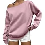 Women's Off Shoulder Pullover Tops Fall Long Sleeve Solid Sweatshirts Casual Stylish Lounge Vacation Going Out Top Pink