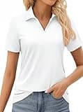 MAGCOMSEN Ladies Golf Shirt Short Sleeve V Neck Polo Shirt Sun Protection Moisture Wicking Breathable Sports White,XL