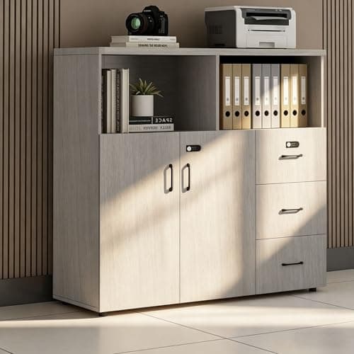 HSHBDDM File Cabinet with Password Lock, Wood Lateral Filing Cabinet for Letter/A4 Files, 3 Drawer with Door, Printer Stand with Open Shelves for Home Office