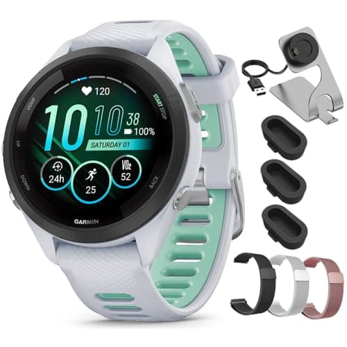 Garmin Forerunner 265S GPS Smartwatch Whitestone/Neo Tropic 010-02810-04 Bundle with Deco Essentials 18mm Metal Bands 3 Pack, Charging Dock and Silicone Dust Cover 3 Pack