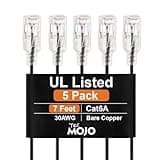 Tecmojo UL Listed Ultra-Slim Cat6a 7ft Ethernet Cable, 30AWG 100% Pure Copper, 10Gbps 500MHz Network Cable for Router, Modem, Xbox, Laptop, Servers, 5-Pack, Black