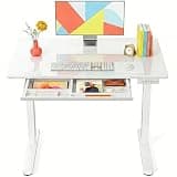 Marsail Glass Standing Desk with Drawer 37 x 22 Inches Stand up Desk Standing Desk Adjustable Height with One-Piece Tempered Glass Top, Ergonomic Home Office Desk with 4 Preset Heights White