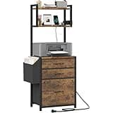 HIGDBFE 3 Drawer File Cabinet with Charging Station, 45''H, 3-Tier Small Filing Cabinet for Home Office, 11''*16'' for Small Printer, Fabric Drawer Fits Letter/A4, Tall Printer Stand, Rustic Brown