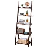 Maydear Bamboo Ladder Shelf Bookcase, 5-Tier Leaning Bookshelf Free Standing Organizer Storage Shelves for Living Room, Bedroom, Kitchen, Home Office, Balcony, Dark Walnut