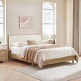 CHITA Queen Size Platform Bed, with Boucle Upholstered Headboard & Footboard, No Box Spring Required, Wooden Slats Support, Oak