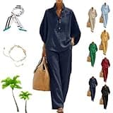 ayattecy Women’s Batwing Sleeve Linen Cotton Two-Piece Set - Plus Size Casual Stand Collar Shirt Wide Leg Pants Outfits