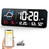 Digital Wall Clock, Digital Clock Large Display with Network Auto-Synced, Corded Smart LED Alarm Clocks Real-Time Shows Weather, Indoor/Outdoor Temp Humidity for Living Room Bedroom Classroom Office