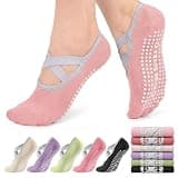 ihuan 6 Pairs Pilates Socks for Women, Non-Slip Yoga Socks with Grips and Cross Straps - Cute Grippy Socks for Barre Ballet Dance Fitness Workout (Size 5-9)