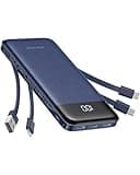 charmast Portable Charger with Built in Cables, Power Bank with Cords Wires, Slim 10000mAh Travel Battery Pack 6 Outputs 3 Inputs 3A Fast Charging for Samsung Google Pixel LG Moto iPhone iPad