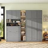 KMOOTA Twin Size Horizontal Murphy Bed with Storage Shelves, Wardrobe, Gray