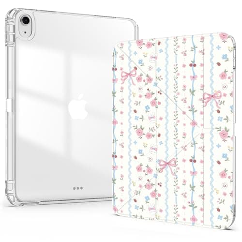 Idocolors Cute Case for 11 Inch iPad Air 2025 M3/iPad Air 2024 M2, Clear Acrylic Back Case with Pencil Holder, Detachable Mutil Angles Folding Y-Shaped Stand Cover, Floral Bunny