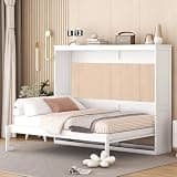 SOFTSEA Full Horizontal Murphy Bed for Living Room, Wood Folding Hideaway Murphy Wall Bed, White