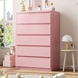 Jocoevol Pink 5 Drawer Dresser for Bedroom, 15" D x 23.7" W x 40.4" H in Simply Chest of Drawers, Wood Storage Dresser with Drawers for Living Room Hallway Entryway, Pink