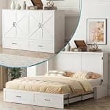 PUREMIND Murphy Bed Queen with Mattress Included, Crisscross Frame Cabinet Beds Chest with Charging Station & Storage Drawers, Convertible Hideaway Cabinet Bed for Guest Room, Small Spaces, White