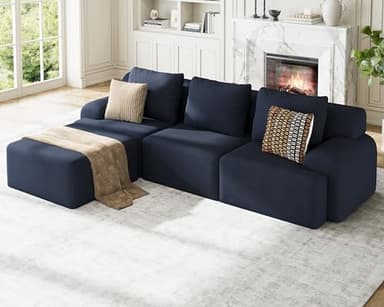 Kalafini 113" Boneless Couches for Living Room, L-Shaped Deep Seat Cloud Couch, 4 Seater Modular Sectional Sofa, Plush Corduroy Convertible Oversized Couches, No Assembly Required, Blue-Grey