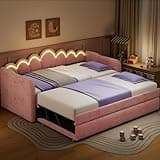 QVUUOU Upholstered Twin XL Daybed with LED Light and Trundle, Pink - Cozy Comfort with Pull-Out Guest Bed