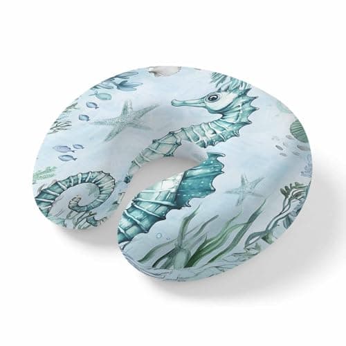 Coastal Seahorse Travel Neck Pillow Memory Foam,Hand Neck Support Airplane Pillow for Traveling Bed Car Office Home,Ocean Nautical Starfish Seashells Coral Flight Pillows with Removable Cover
