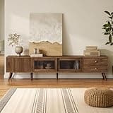 Marzzi Mid-Century Modern TV Stand for 85 inches TV, 76" Media Console with Fluted Cabinet Door, Sliding Glass Doors, and 2 Drawers, Entertainment Center with Storage, Solid Wood Legs