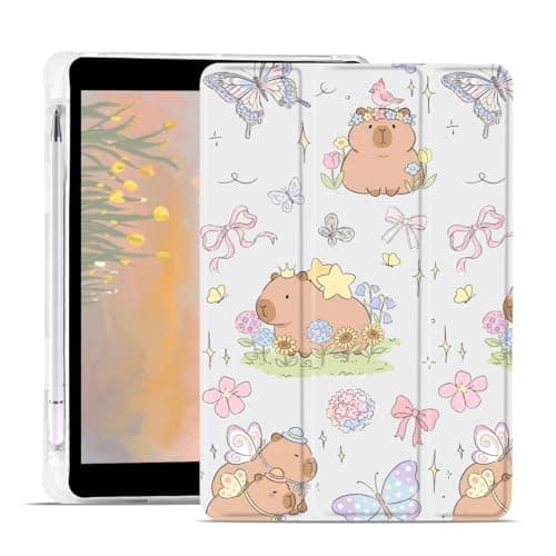 AdorableWhimsy Cute Capybara Case for iPad A16 11th Generation 2025 11" / iPad 10th Gen 2022 10.9" Aeathetic Butterfly Trifold Tablet Protective Case White Leather Soft Back Cover with Pencil Holder
