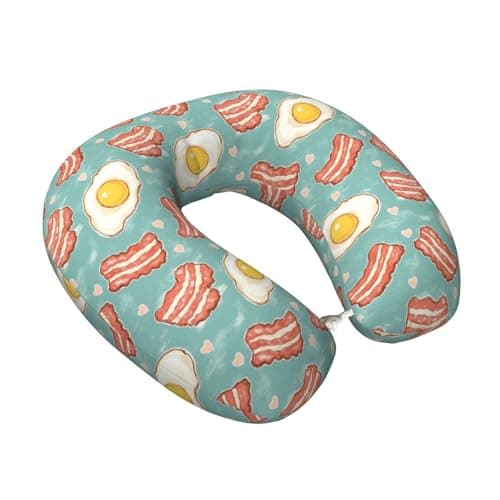 Nevjipu Memory Foam Travel Pillows for Airplanes - Cute Fried Egg Bacon Print Soft U Shaped Plane Neck Pillow for Sleeping for Traveling, Train, Napping, Car and Home, Washable