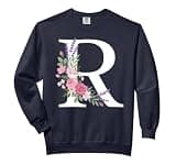 monogram initial white letter R pink roses purple sprigs Comfort Colors Adult Sweatshirt