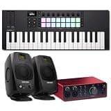 Novation Launchkey Mini 37 MK4 MIDI Keyboard Controller Bundle with Focusrite Scarlett 4i4 4th Gen Interface and ADAM Audio D3V Monitors — 4-In/4-Out Studio Kit for Production, Recording, Beat Making