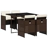 Kaorsrow 5-Piece Patio Dining Set, Brown PE Rattan Outdoor Furniture with Rectangular Table and 4 Foldable Chairs, Cream White Cushions for Garden, Backyard and Deck