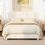JIJIWANG Full Size Upholstered Bed Frame with Height-Adjustable Headboard, Cloud Headboard Platform Bed with Wood Slats Support, Boucle Fabric Low Profile Bed Frame, Sturdy & Easy Assembly, White