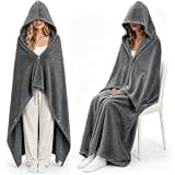 CrystalSylara Hooded Fleece Travel Blanket Airplane with Snap Closure, Foldable Travel Pillow Set Compact Carry with Carabiner Luggage Strap, Soft 60''x50''Fleece Blanket for Plane Bus Office (Grey)